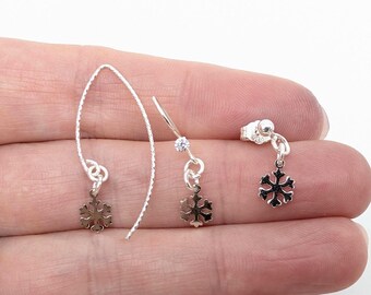 Dainty Sterling Silver Snowflake Earrings – Holiday Dangle Earrings