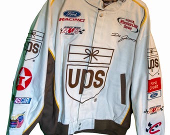 New 1990s Dale Jarrett White Cotton UPS Chase Jeff Hamilton NASCAR Winston Cup Jacket - XL