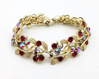 Signed Lisner Red AB Rhinestone Link Bracelet - 7.25"