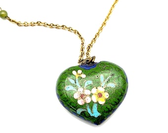 Les Bernard Cloisonné Enamel Heart Pendant Necklace, Jade Beaded Chain - 20"