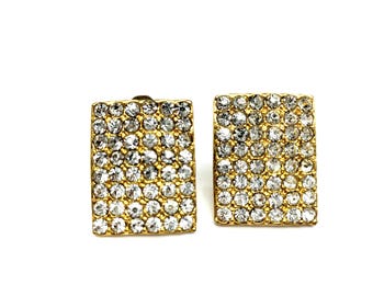 Vintage Large  Rhinestone Studded Gold Tone Rectangular Clip Earrings - 1.25"