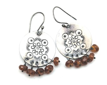 Artisan Sunstone & Etched Sterling Silver Dangle Statement Earrings