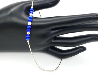 Vintage Blue Cat's Eye Bead Anklet Strung With Sterling Sterling Silver Beads - 10"