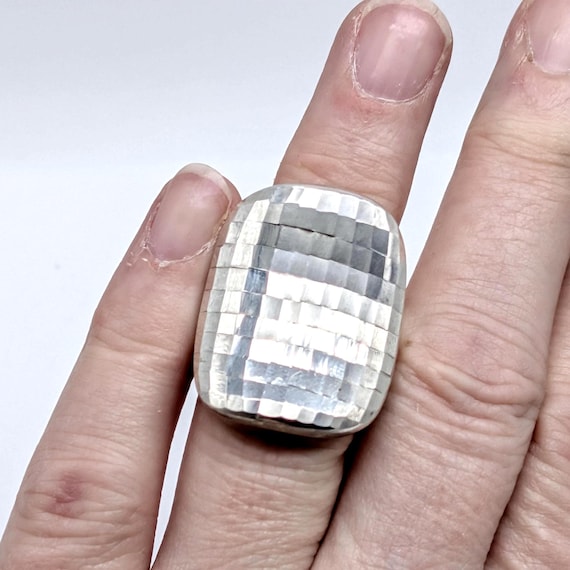 Sterling Silver Concave Statement Ring, Faceted D… - image 2
