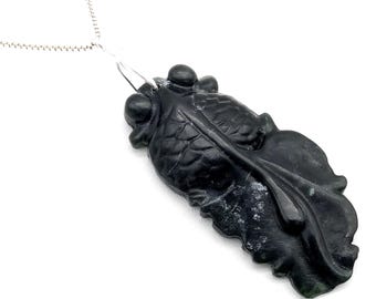 Carved Obsidian Jade Goldfish & Sterling Silver Pendant Necklace - 20"