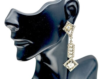 Vintage Silver Tone & Rhinestone Dangle Prom / Wedding Earrings