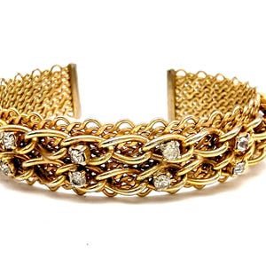 Vintage Gold Mesh & Rhinestone Cuff Braclet