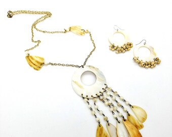 Boho Carved Shell Y  Pendant Necklace & Matching Earrings - 1970's