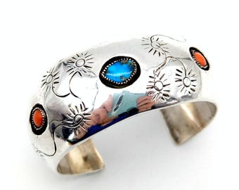 Sterling Silver, Turquoise & Red Coral Southwestern Cuff Bracelet - 5.5"