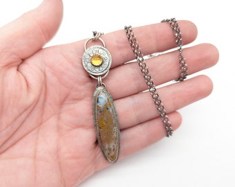 Vintage Signed Artisan Spotted Agate, Mexican Opal & Oxidized Sterling Silver Pendant Necklace - 25"