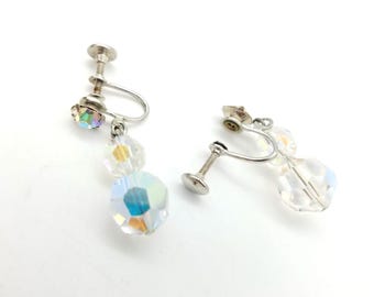Vintage Aurora Borealis Faceted Crystal Dangle Earrings With Silver Tone Screw-Backs
