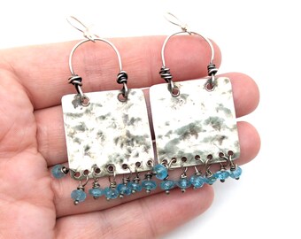 Artisan Blue Apatite & Hammered Sterling Silver Dangle Estate Earrings