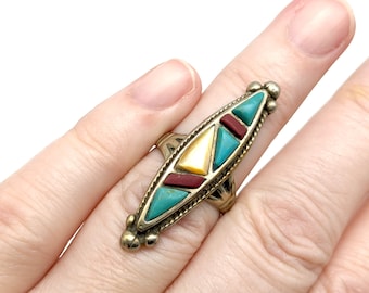 Vintage Native Made Sterling Silver, Turquoise & Red Coral Ring - Size 6