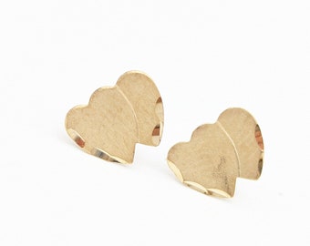 Dainty 14K Gold Etched Double Heart Stud Earrings