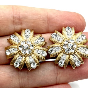Vintage Nolan Miller Gold Tone & Rhinestone Flower Clip Earrings - 1&quot;