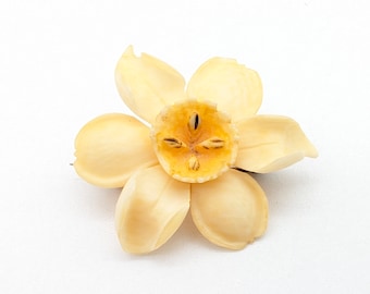 Antiqued Carved Celluloid Daffodil Flower Brooch