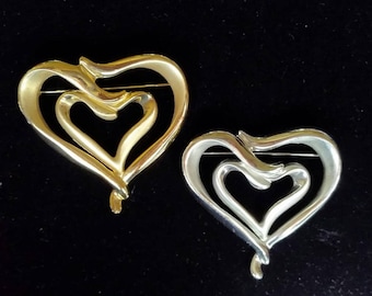 Vintage Old Stock Danecraft Double Heart Brooch - Choice of Gold or Silver Tone