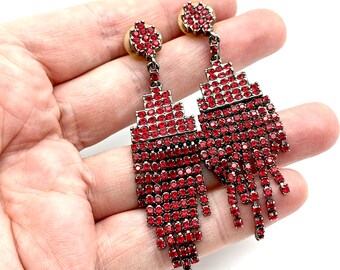 Vintage St. John Red Rhinestone & Gunmetal Gray Dangle Earrings - 3"