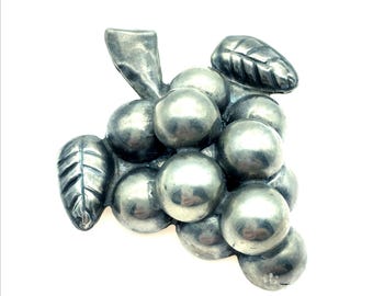Dainty Mexico Sterling Silver Grapes & Leaf Brooch