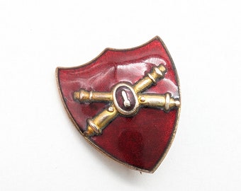 Antique WWI Red Enamel & Brass Army Coast Artillery Reserves Shield Pin - 7/8"