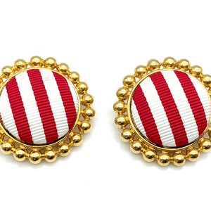 Vintage Red & White Stripped Circle Clip Earrings Signed Ellen Designs - 2.75