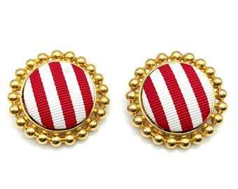 Vintage Red & White Stripped Circle Clip Earrings Signed Ellen Designs - 2.75