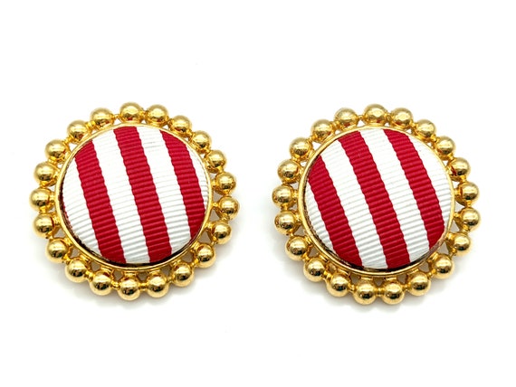 Vintage Red & White Stripped Circle Clip Earrings… - image 1