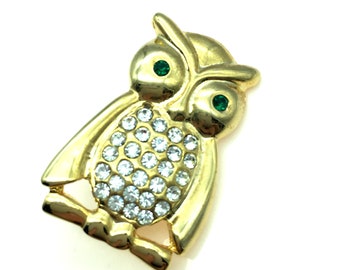 Vintage Gold Tone & Rhinestone Owl Pin