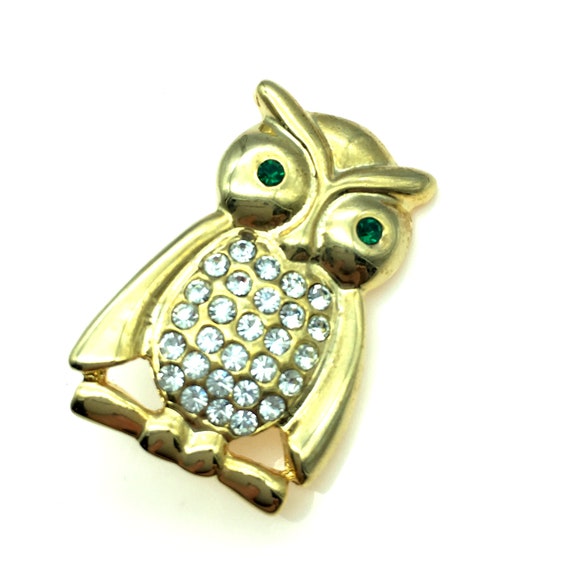 Vintage Gold Tone & Rhinestone Owl Pin - image 1