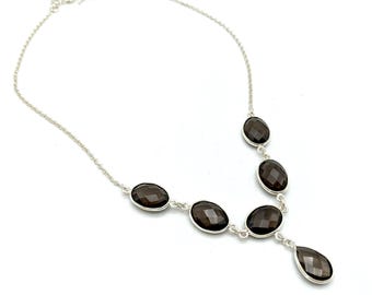 Vintage Smoky Quartz & Sterling Silver Pendant Necklace - 18-20" Adjustable