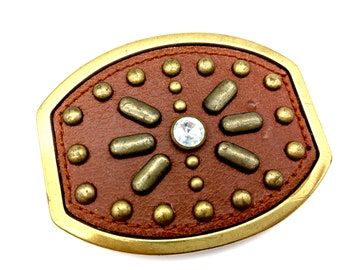 Vintage Light Brown Leather & Bronze Studded Belt Buckle