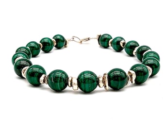 Beaded Sterling Silver & Malachite Bracelet - 7.75"
