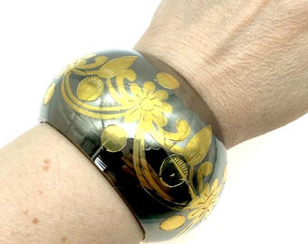 Wide Vintage Etched Brass Bangle Bracelet Made in India
