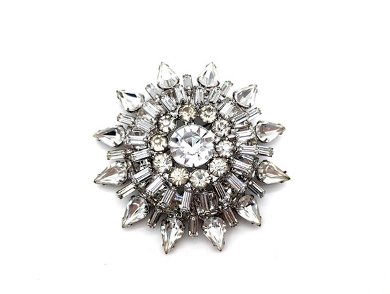Large Vintage White Rhinestone Encrusted floral Brooch - Gem