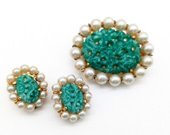 Marvella Carved Glass Jade & Faux Pearl Brooch and Earrings Set