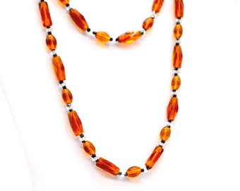 Vintage Orange and Black Glass Bead Necklace - 33"