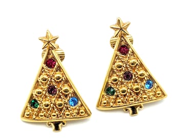 Christmas Tree Clip on Earrings: Gold Tone With Colorful Rhinestones