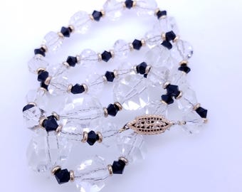 Art Deco 12K Rose Gold Filled, Spiral Cut, Faceted Crystal & Black Glass Beaded Necklace - 19"