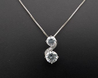 Sterling Silver & 5 Carat CZ Two-Stone Swirled Pendant Necklace - 18"