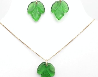 1/20th 14K Rose Gold Filled Gold Green Glass Earrings & Pendant Necklace Set