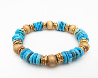 Vintage 14k Gold Vermeil Sterling Silver & Turquoise Disc Bead Bracelet - 7.75"