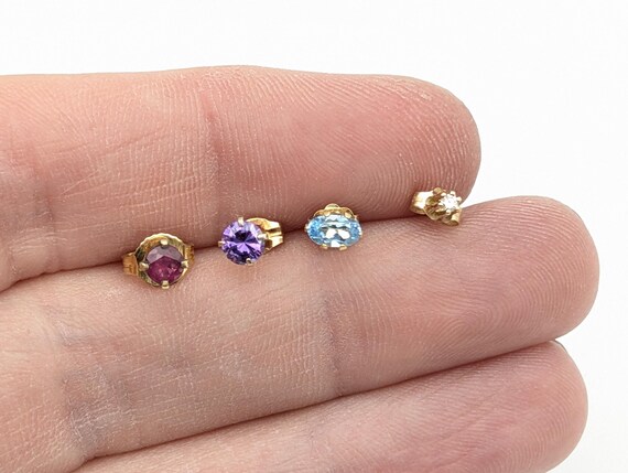 Single Diamond, Ruby, Topaz Stud Earrings in 14K … - image 5
