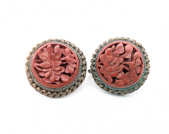 Antique Chinese Carved Red Cinnabar Floral Screw-Back Earrings - .75"
