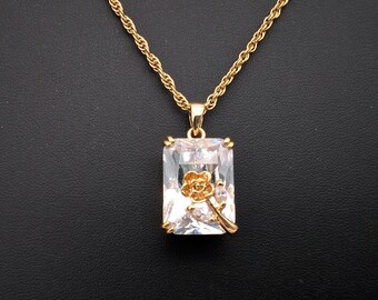 Vintage Gold Plated Crystal Rose Pendant Necklace signed SETA - 18"