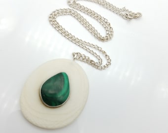 Vintage Sterling Silver, Malachite & Bone Pendant Necklace - 17"
