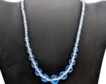 Sterling Silver & Graduated Blue Crystal Beaded Choker Necklace - 16"