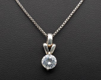 Vintage Sterling Silver & CZ Solitaire Pendant Necklace - 16"