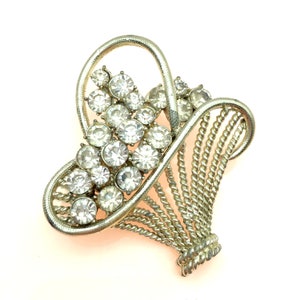 Vintage Rhinestone & Silvertone Flower Basket Brooch