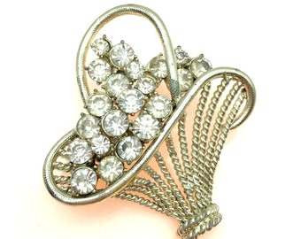 Vintage Rhinestone & Silvertone Flower Basket Brooch