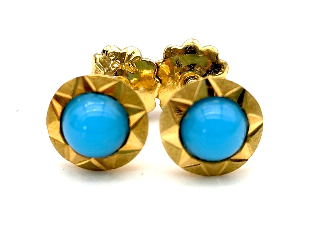 Vintage 18K Gold & Turquoise Stud Earrings With Screw on Catch Etsy